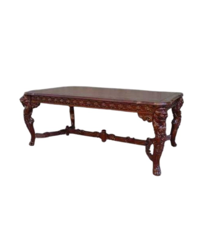 Table en acajou modèle Lion 220 cm en bois massif sur fond gris avec dimensions