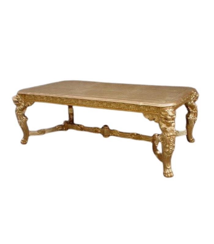 220 cm solid wood “Tête de Lyon” table with gold finish