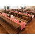213 cm wooden folding tables arranged in rows with wooden benches for large group meals or banquets