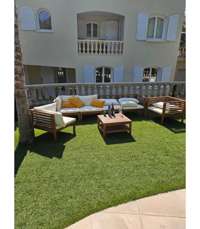 Salon de jardin en teck modulable et coussins couleur crème 270 cm Valentina