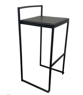 Black metal high stool with black faux leather seat for rent on a white background