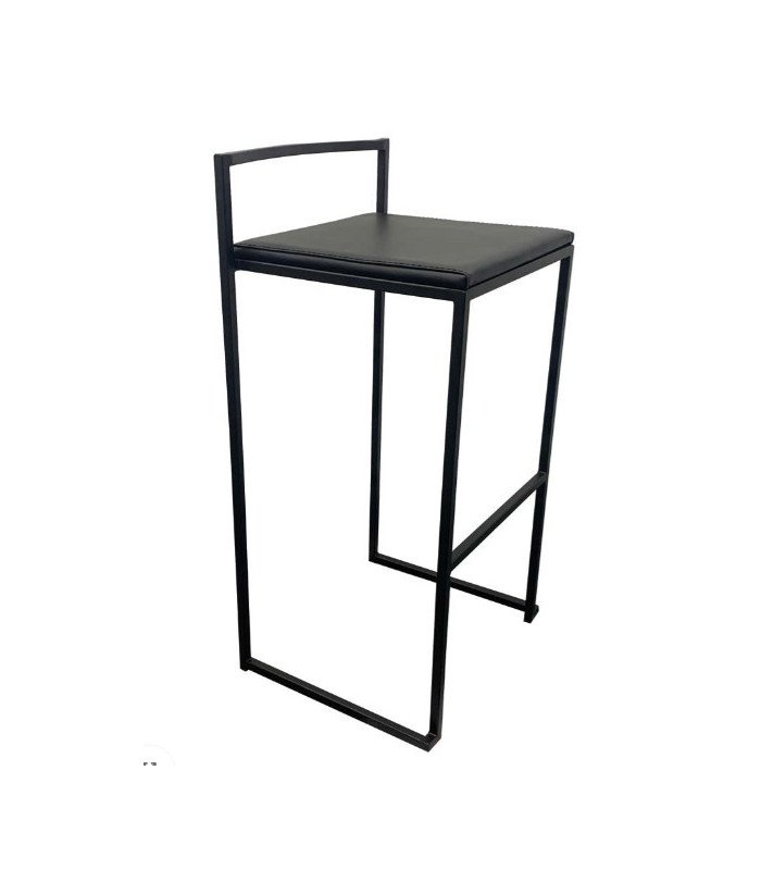 Black metal high stool with black faux leather seat for rent on a white background