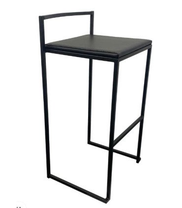 Black metal high stool with black faux leather seat for rent on a white background
