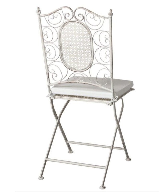 Chaise pliante blanche en fer forgé Fontainebleau vue arrière sur fond blanc avec structure en fer forgé blanc