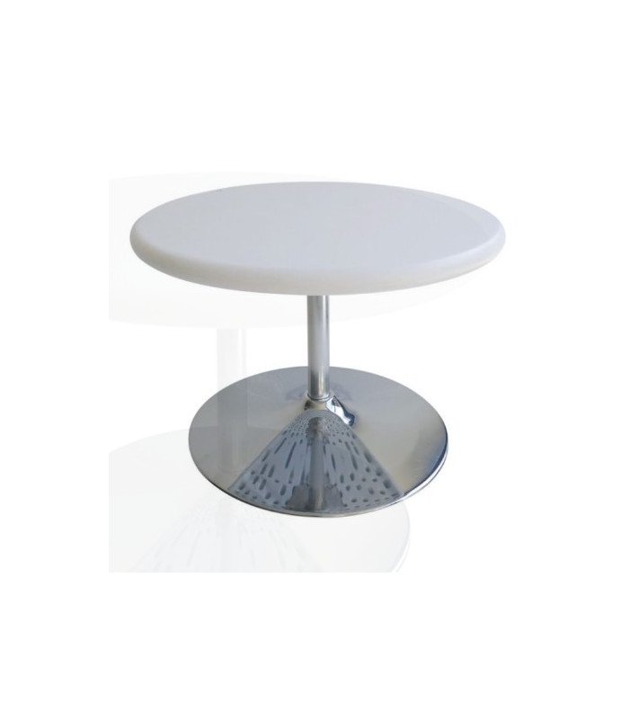 Round white coffee table for rent, Tulip model, chrome base