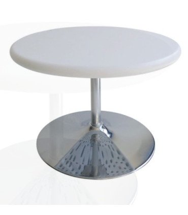 Round white coffee table for rent, Tulip model, chrome base