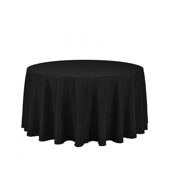 Nappe ronde noire Ø 290 cm en polyester présentée sur fond blanc
