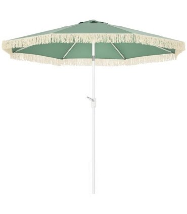 Parasol vert à franges sur fond blanc