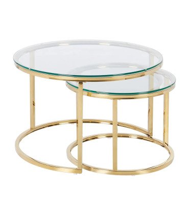 Table basse gigogne style design en métal doré et plateau en verre trempé sur fond blanc