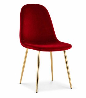 Chaise style scandinave en velours rouge avec pieds dorés présentée sur fond blanc