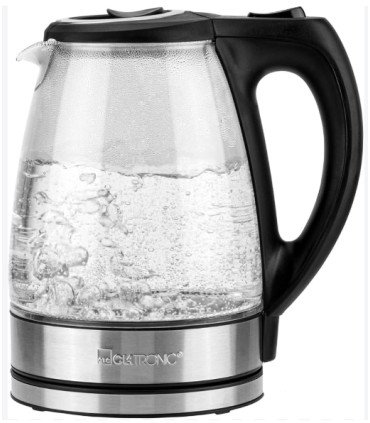Bouilloire électrique transparente1,7 L en métal sur fond blanc