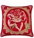 Red cushion with a peony in a gold medallion, baroque-style decor to rent from 126 Events for galas and Christmas events