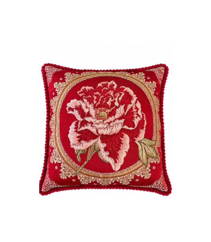 Red cushion with a peony in a gold medallion, baroque-style decor to rent from 126 Events for galas and Christmas events