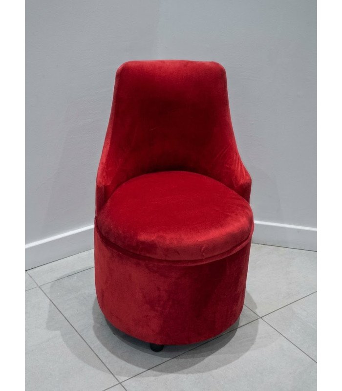 Adèle red velvet barrel chair with wraparound back and round seat, available for rental from 126 Events