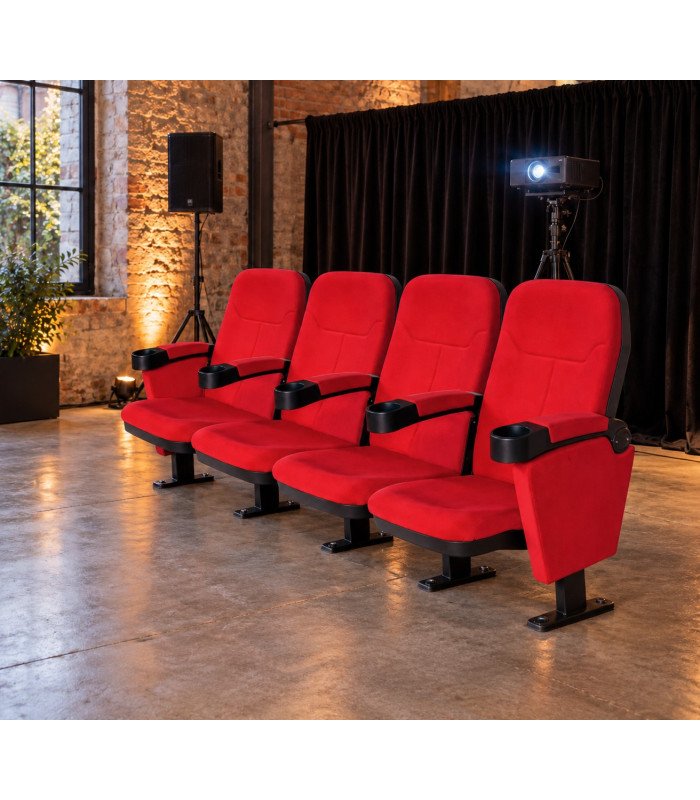 Red movie theater seat row facing a projector in a loft, screening night decor rental by 126 Events