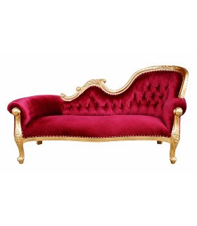 Grande méridienne baroque velours rouge et acajou doré, dossier capitonné, 2 à 3 places, en location chez 126 Events