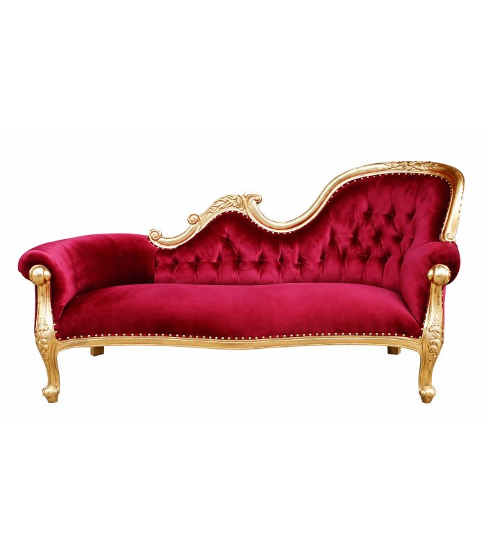 Large baroque chaise lounge in red velvet and gold-finished mahogany, tufted back, seats 2-3, for rental at 126 Events