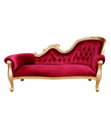 Grande méridienne baroque velours rouge et acajou doré, dossier capitonné, 2 à 3 places, en location chez 126 Events