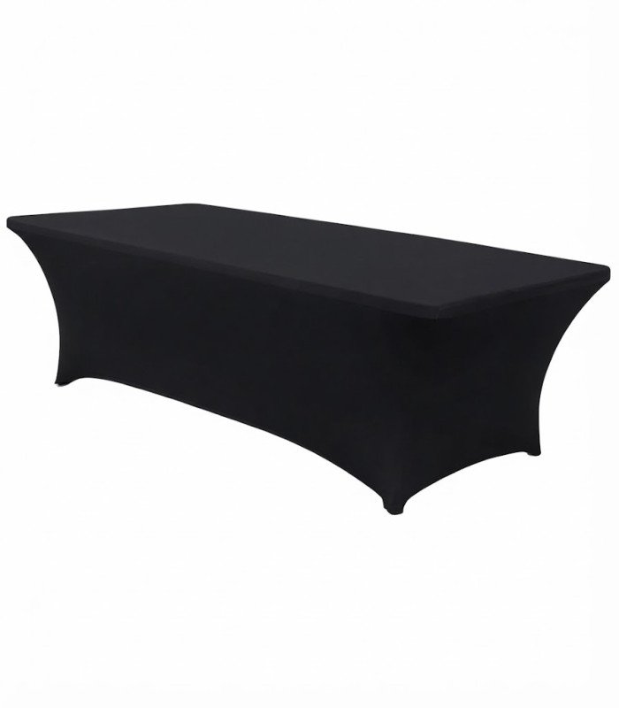 Black spandex cover for 180 x 80 cm table, stretched wrinkle-free to the floor, event rental by 126 Events