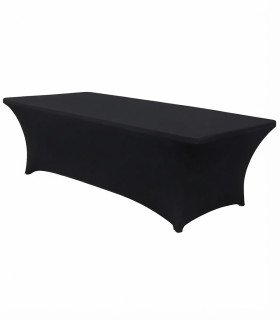 2 m black spandex cover for a 200 x 80 cm buffet table, corners fitted over the legs, rental by 126 Events