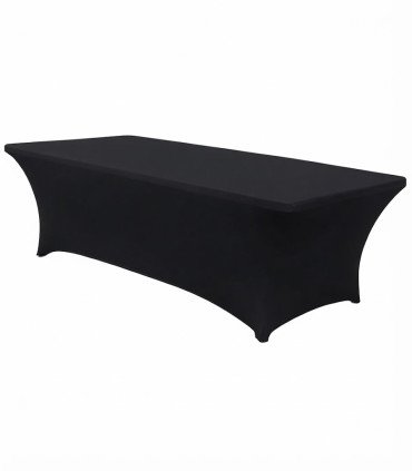 2 m black spandex cover for a 200 x 80 cm buffet table, corners fitted over the legs, rental by 126 Events