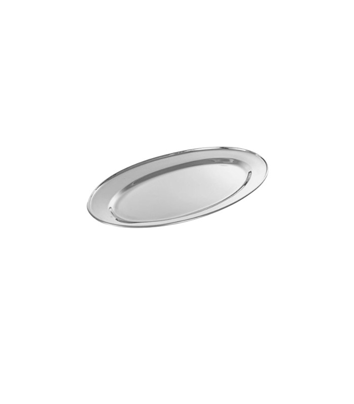 plateau de service ovale en inox sur fond blanc