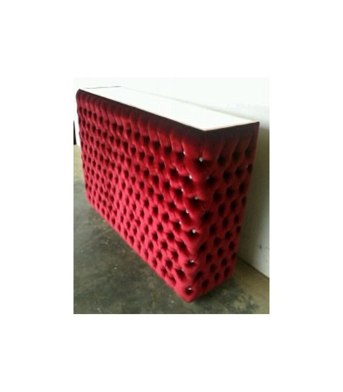 Red tufted velvet bar counter L 150 cm for rental, three-quarter view on a white background - 126 Events