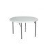 White folding round table, diameter 122 cm, with polyethylene top and foldable metal legs on a white background