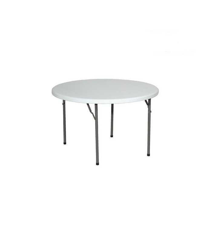 White folding round table, diameter 122 cm, with polyethylene top and foldable metal legs on a white background