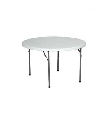 White folding round table, diameter 122 cm, with polyethylene top and foldable metal legs on a white background