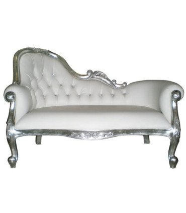 Baroque meridienne rental in white leather and silver-plated wood, single end