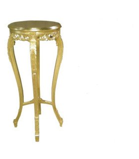 Golden wooden pedestal, decorative round stand presented on a white background.