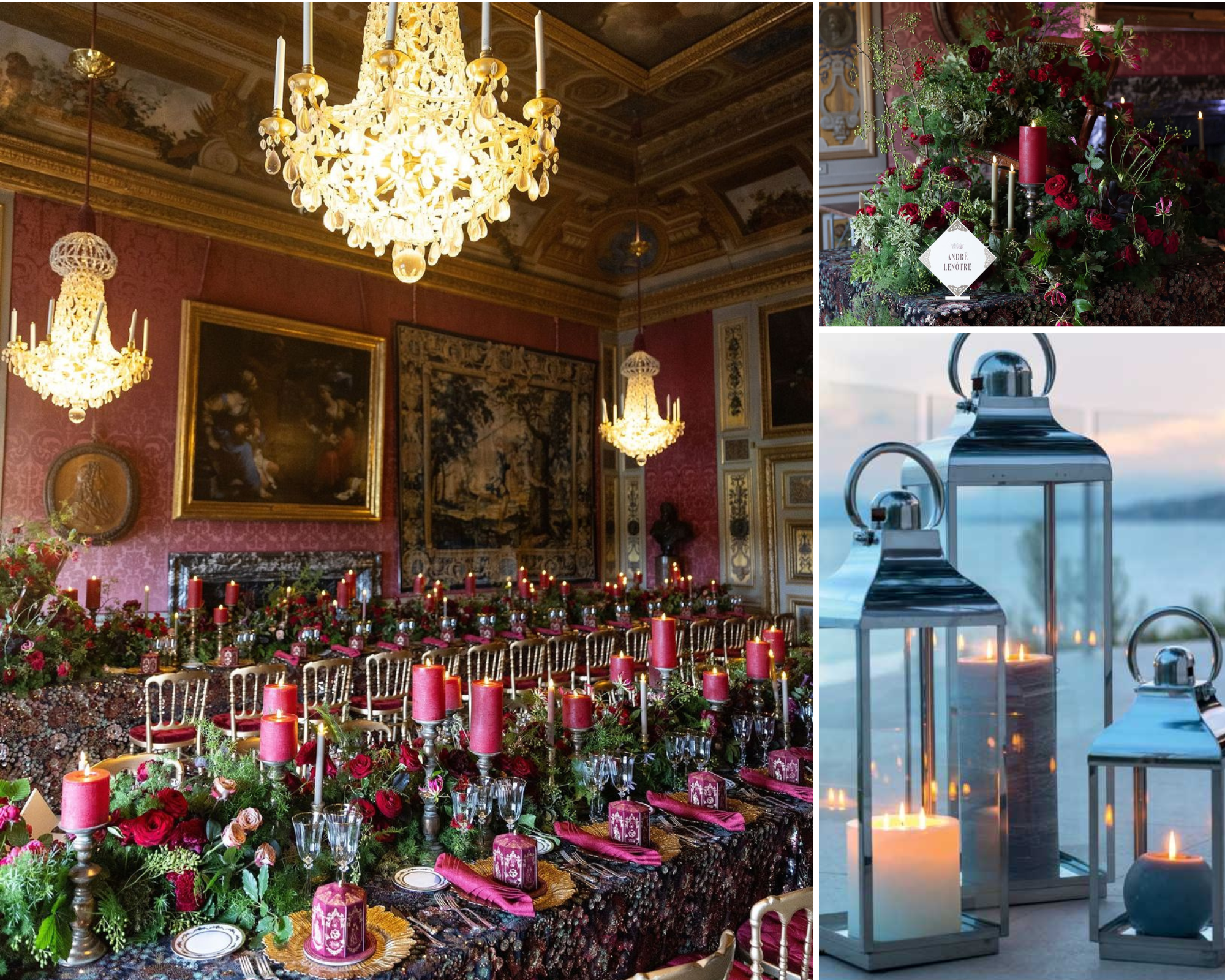 Montage de 3 photos représentant des luminaires louées pour des événements par l'entreprise 126 Events