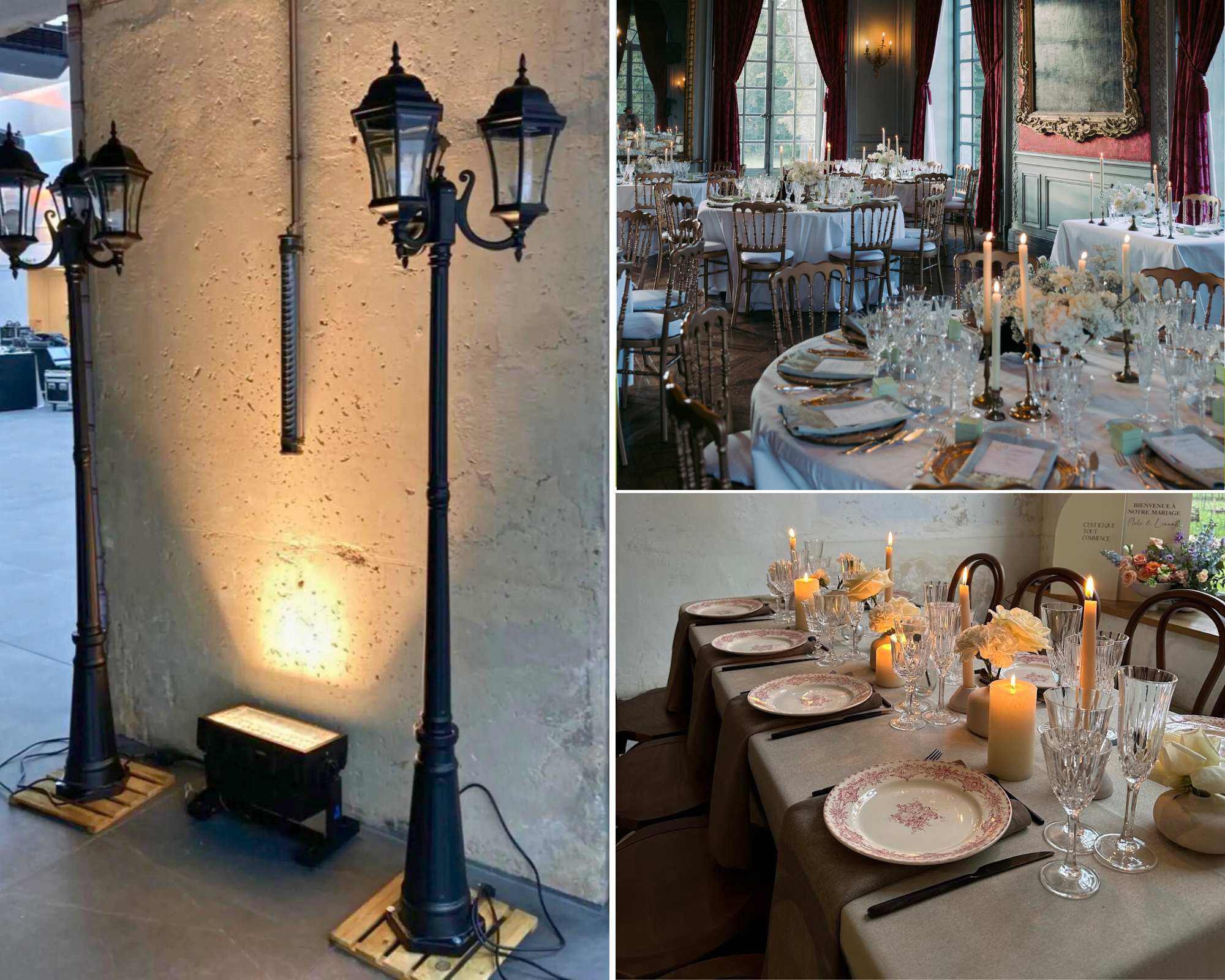 3 photos montrant les luminaires louées par l'entreprise, location mobilier Paris à différents endroits